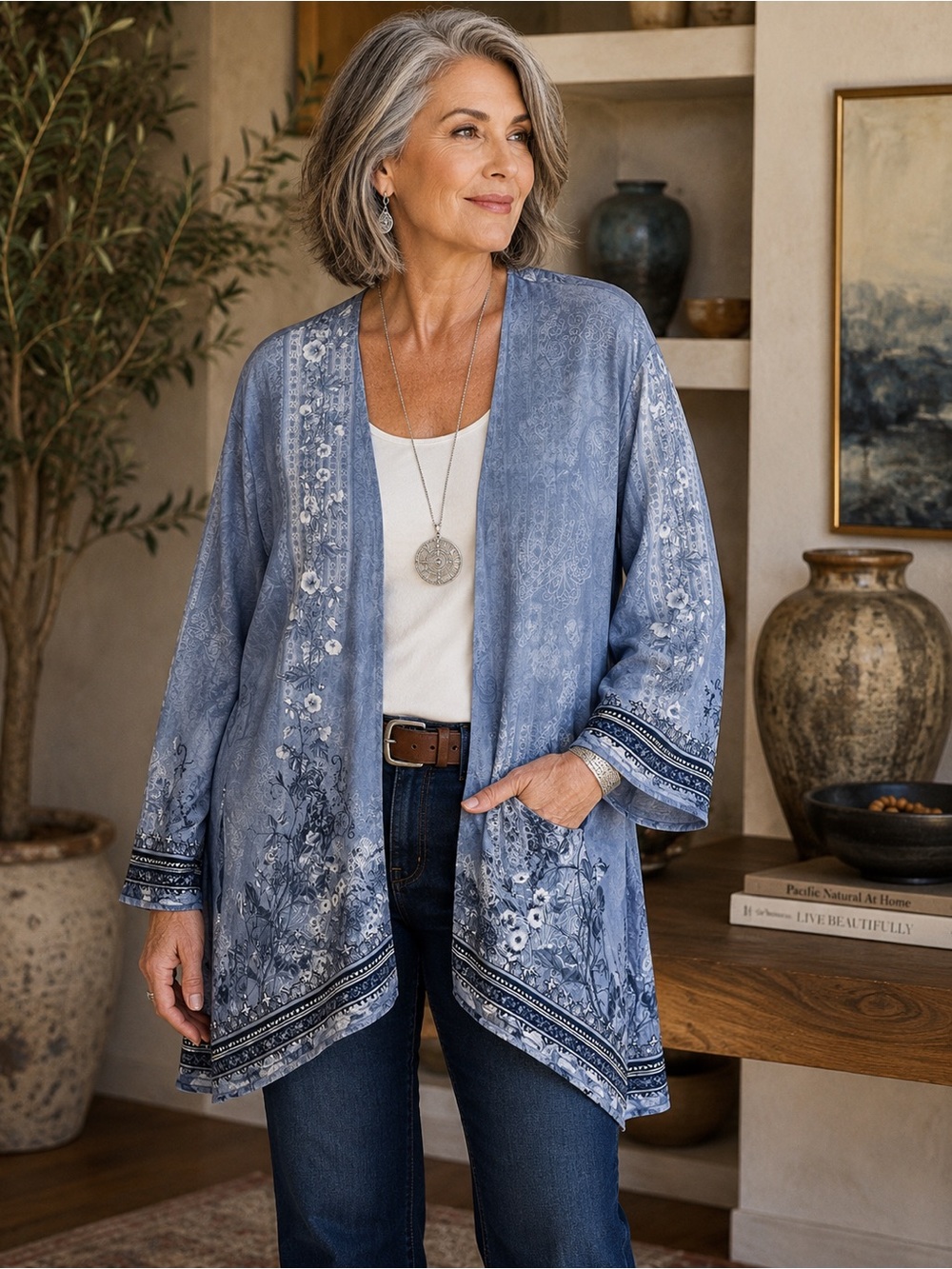 Unbranded Blue Floral Boho Open Front Cardigan Kimono XXL